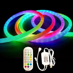 RGBIC LED strip 5m RGBIC Neon flex komplett sett - Vevd tau, Bluetooth App, Fjernkontroll, USB