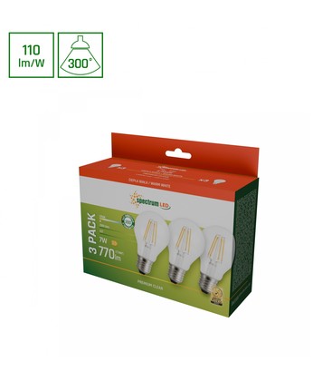 LED 7W E27 - 230V, Kulltråd, Varm Hvit, Klar, Spectrum, 3-pakning