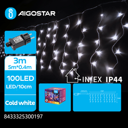 Julelys 5m kald hvit LED lyskjede - 100 LED, 5x0,4m, 25 rekker, 8 lysprogrammer, IP44, transparent ledning