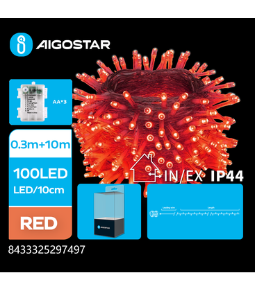 10m rød batteri flat lysslynge - 100 LED, 8 lysprogrammer, IP44, gjennomsiktig ledning 10m rød batteri flat lysslynge - 100 LED, 8 lysprogrammer, IP44, gjennomsiktig ledning