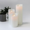 LED Blokklys XL, 3 stk, Ø10cm, 17,5/22,5/30cm høy, bevegelig flamme, hvit - Inkl. fjernkontroll og timer, ekte stearin