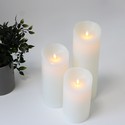 LED Blokklys XL, 3 stk, Ø10cm, 17,5/22,5/30cm høy, bevegelig flamme, hvit - Inkl. fjernkontroll og timer, ekte stearin