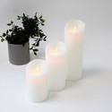 LED Blokklys XL, 3 stk, Ø10cm, 17,5/22,5/30cm høy, bevegelig flamme, hvit - Inkl. fjernkontroll og timer, ekte stearin