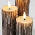 LED Tre-look blokklys 3 stk sett, smelte-utseende, flammeeffekt - Ø5,5cm, 10/12,5/15cm høy, Inkl fjernkontroll, ekte stearin