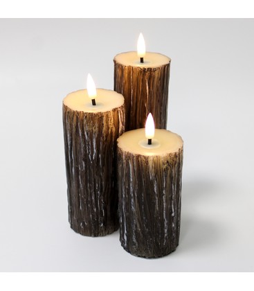 LED Tre-look blokklys 3 stk sett, smelte-utseende, flammeeffekt - Ø5,5cm, 10/12,5/15cm høy, Inkl fjernkontroll, ekte stearin LED Tre-look blokklys 3 stk sett, smelte-utseende, flammeeffekt - Ø5,5cm, 10/12,5/15cm høy, Inkl fjernkontroll, ekte stearin