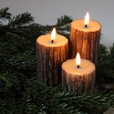 LED Tre-look blokklys 3 stk sett, smelte-utseende, flammeeffekt - Ø5,5cm, 10/12,5/15cm høy, Inkl fjernkontroll, ekte stearin