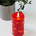 LED Blokklys med lyslenke, 15cm høy, flammeeffekt - Ø7,5cm, fungerer m. fjernkontroll, ekte stearin, rød