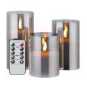 LED Blokklys sett i gråtonet glass Ø7,5cm, 3 stk, flammeeffekt - Inkl. fjernkontroll og timer, 10/12,5/15cm høy, ekte stearin