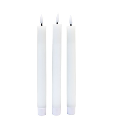 3-pakning hvite LED stearinlys, flammeeffekt - Ø2,2cm, Høyde: 24,5cm, stagelys, inkl. fjernkontroll, timer, batteri