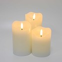 Sett LED Blokklys 10cm høy, flammeeffekt, hvit - Ø7,5cm, 10/12,5/15cm høy, fungerer m. fjernkontroll, timer, ekte stearin