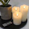Sett LED Blokklys 10cm høy, flammeeffekt, hvit - Ø7,5cm, 10/12,5/15cm høy, fungerer m. fjernkontroll, timer, ekte stearin