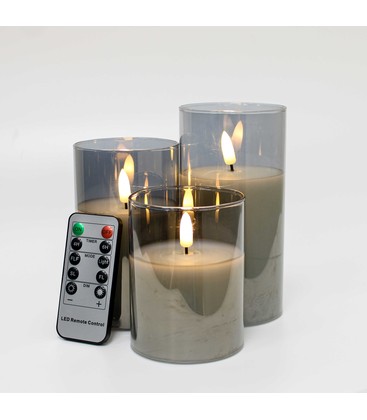 LED Blokklys sett i gråtonet glass Ø7,5cm, 3 stk, flammeeffekt - Inkl. fjernkontroll og timer, 10/12,5/15cm høy, ekte stearin