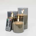 LED Blokklys sett i gråtonet glass Ø7,5cm, 3 stk, flammeeffekt - Inkl. fjernkontroll og timer, 10/12,5/15cm høy, ekte stearin