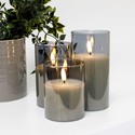 LED Blokklys sett i gråtonet glass Ø7,5cm, 3 stk, flammeeffekt - Inkl. fjernkontroll og timer, 10/12,5/15cm høy, ekte stearin