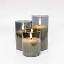 LED Blokklys sett i gråtonet glass Ø7,5cm, 3 stk, flammeeffekt - Inkl. fjernkontroll og timer, 10/12,5/15cm høy, ekte stearin