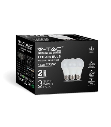 A60 LED 10,5W E27 - 3000K, Plast Pære, 3 stk/pakke