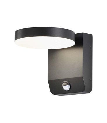 17W Vegglampe - LED, Sensor, 3000K, Sort, Rund, IP65.