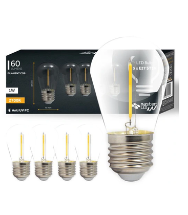 5 stk 1W LED pære - ST14, COB filament, E27