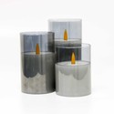 LED Blokklys sett i røkfarget glass Ø7,5cm, 3 stk, flammeeffekt - Inkl. fjernkontroll og timer, 10/12,5/15cm høy, ekte stearin