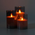 LED Blokklys sett i røkfarget glass Ø7,5cm, 3 stk, flammeeffekt - Inkl. fjernkontroll og timer, 10/12,5/15cm høy, ekte stearin