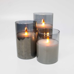 LED stearinlys LED Blokklys sett i røkfarget glass Ø7,5cm, 3 stk, flammeeffekt - Inkl. fjernkontroll og timer, 10/12,5/15cm høy, ekte stearin