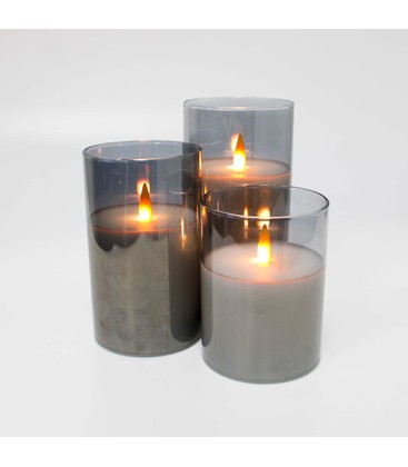 LED Blokklys sett i røkfarget glass Ø7,5cm, 3 stk, flammeeffekt - Inkl. fjernkontroll og timer, 10/12,5/15cm høy, ekte stearin