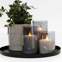 LED Blokklys sett i røkfarget glass Ø7,5cm, 3 stk, flammeeffekt - Inkl. fjernkontroll og timer, 10/12,5/15cm høy, ekte stearin