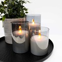 LED Blokklys sett i røkfarget glass Ø7,5cm, 3 stk, flammeeffekt - Inkl. fjernkontroll og timer, 10/12,5/15cm høy, ekte stearin